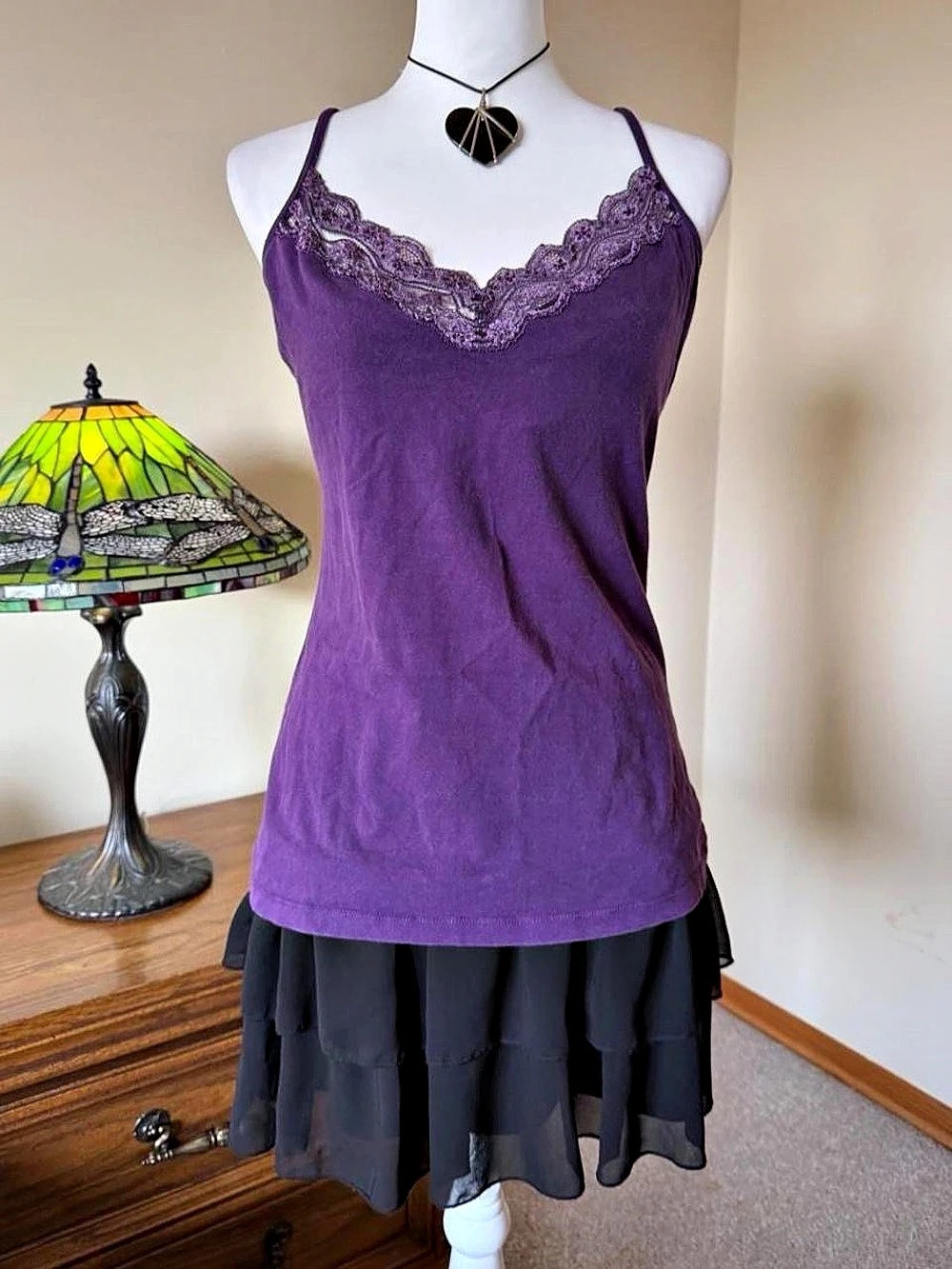 Express Sexy Basic Bra Cami Lace Trim Cami in Purple Large